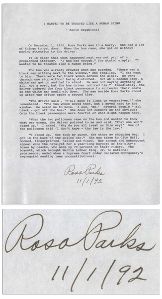 Rosa Parks Signed Description of Refusing to Give Up Her Bus Seat, the Decision That Sparked the Civil Rights Movement -- ''...'I had had enough'...''